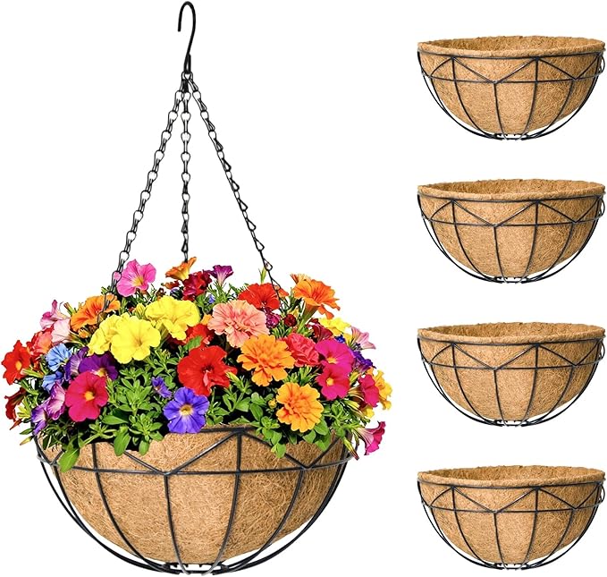 Hanging Baskets for Outdoor Plants (12 inch 4 Pack) Black Metal Wire Flower Basket Coconut Coir Hanging Planters with Chain Indoor Plant Holder for Patio Garden Balcony