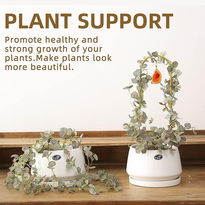 2PCS Small Plant Gold Trellis Indoor, Mini Metal Houseplant Decor Support for Potted Ivy Vine, Boho Garden Decorative Pot Climber with Agate for Climbing Hoya Pothos Philodendron Gift