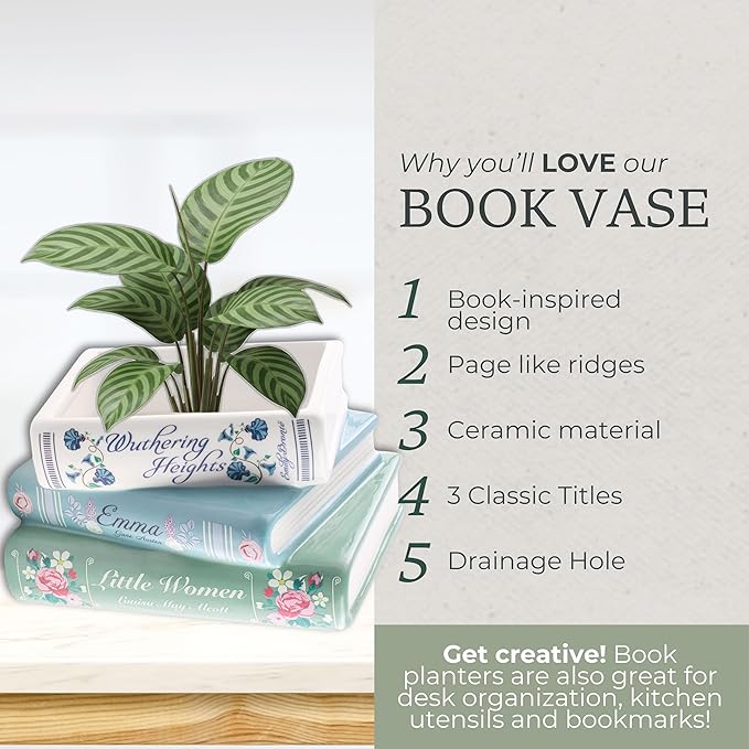 Steel Mill & Co Small Book-Shaped Decorative Ceramic Planter for Home Decor, Bookshelf, Classic Titles Bookstack, 5" x 7" x 3.75"