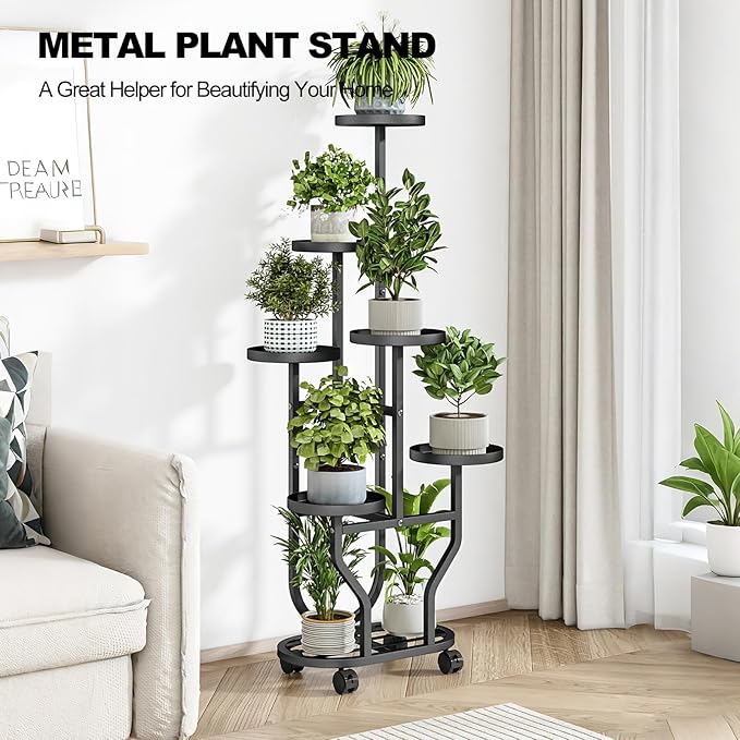 Plant Stand with Wheels 6 Tier Metal Flower Shelf for Indoor Outdoor Corner Multiple Plants Holder Rack for Bedroom Living Room Garden Balcony Yard Black (Black, 6 Tier)