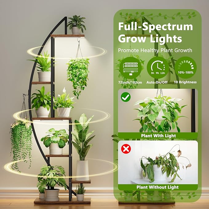 BACEKOLL Plant Stand Indoor with Grow Lights, 6 Tiered Tall Plant Shelf, 63" Metal Plant Stand for Indoor Plants Multiple, Half-Moon Plant Rack Display Shelf, 2 Pcs Plant Holder for Living Room, Patio