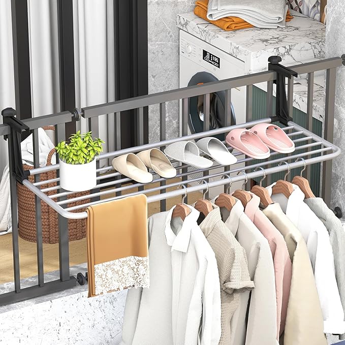 Tangkula Portable Clothes Drying Rack, Extendable Radiator Clothes Airer with Robust Aluminum Frame for Balcony Railings Windowsill, Folding Towel Rack for Indoor & Outdoor Use (Extra Large)
