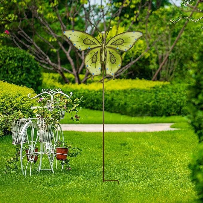 Garden Decor Metal Yard Stakes Spring Lawn Art Decorative Plant Stake Indoor Outdoor Ornaments Decoration for Patio Pathway Backyard (Green Butterfly)