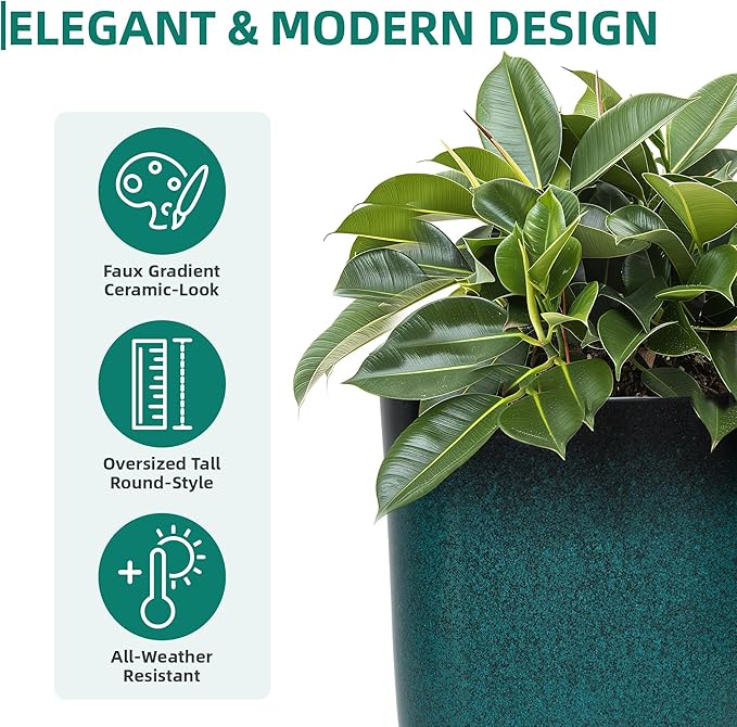 Autodaya 23.8" Tall Outdoor Planters Set of 2, Ceramic-Look Large Flower Pots for Indoor Outdoor Plants, All Seasons for Porch, Balcony, Garden, Patio or Home Art Decor, Gradient Turquoise Finish