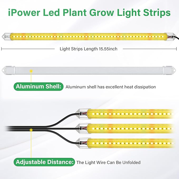 iPower 40W LED Plant Grow Light Strips Full Spectrum for Indoor Plants with Auto ON/Off 3/9/12H Timer, 10 Dimmable Levels 48 LEDs Per Tude, for Hydroponics Succulent, 3 Tubes, Yellow