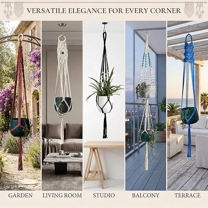 8-Pack Bohemian Macrame Plant Hanger kit, Boho Indoor Window Pot Hanger with Wooden Beads, Hanging Flower Pot Holder with Wooden Ring,Creative Handmade Boho Chic Plant Holder Length 39″