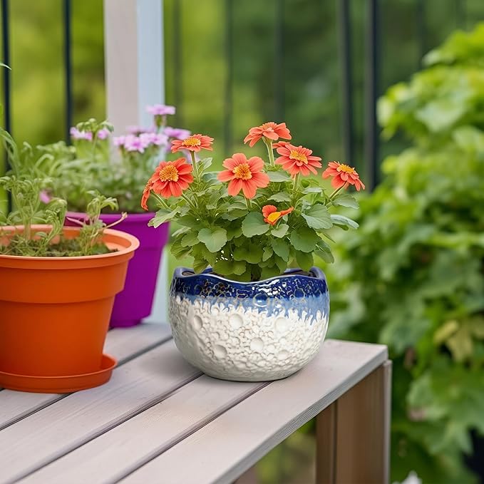 Ceramic Plant Pots - 6 Inch Orchid Pot for Indoor Outdoor Plants, Unique Pots for Plants with Drainage Hole and Plug, Modern Round Planter, Garden House Decor, Housewarming Gifts, Beige-blue