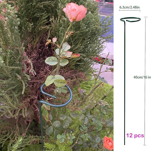 12 Pack 16 inch Plant Support Stakes, Metal Garden Support Stick Support Ring, Plant Sticks for Indoor Outdoor Single Stem Flower Peony, Orchid, Lily, Amaryllis, Rose, Tomato Pepper Plants Supports