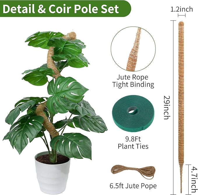 LveSunny 2 Pack Moss Pole for Monstera, Bendable 29" Coco Coir Plant Support with Rustproof Aluminum Core, Plant Support Stakes for Climbing Indoor Plants, Pothos, Philodendron