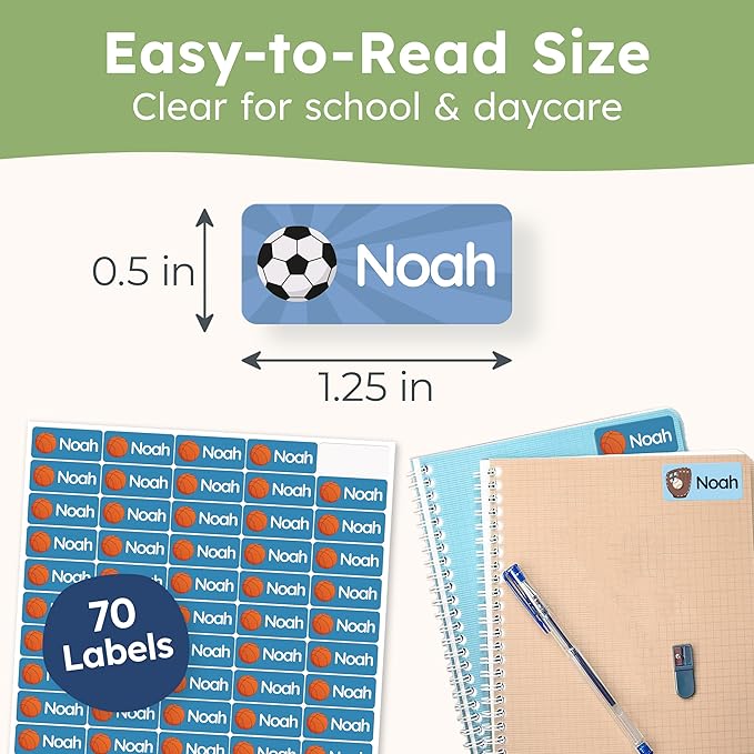 Personalized Name Labels for Kids (70 Labels) - Durable & Waterproof Custom Name Stickers for Clothing Tags, School Supplies, Camp & Daycare - League (1.2”x0.5”)