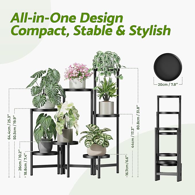7 Tier Large Tiered Plant Stand Indoor, 7.9 Inch Wide Tall Corner Metal Plant Stands Outdoor for Multiple Plants, Decoration Flodable Tall Flower Display Holder Rack Shelf for Patio Balcony House