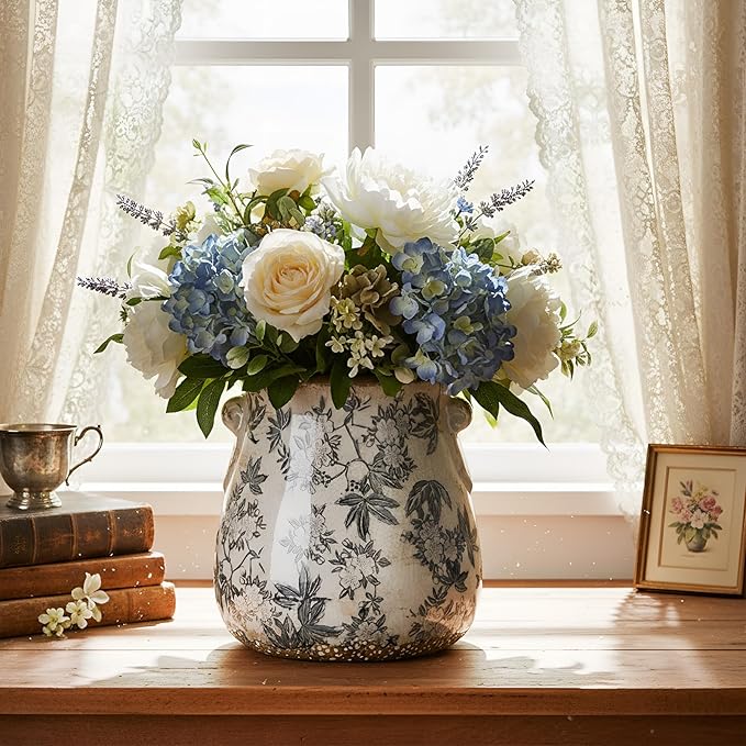 Ceramic Scroll Planter 6.5 Inch Chinoiserie Floral Vase with Drainage Holes Vintage Flower Vase Flower Pot Rustic Ceramic Pots for Indoor Plants Garden Home Bookshelf Decor(Retro Gray)
