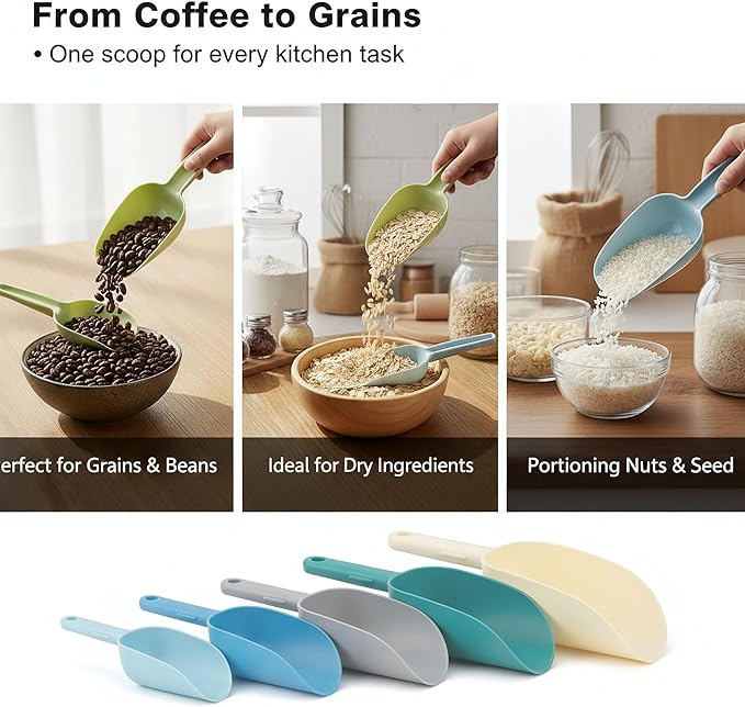 Plastic Flour Scoops, Pet Food Scoops Plastic Pack of 5, Multifunctional Dog Food Scoops with Measuring Cups, Pet Food Measuring Scoop Set