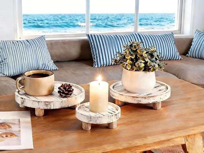 3 Pcs Wooden Display Risers Round Wood Pedestal Stand Mini Plant Tray Stand, 10-6 Inch Rustic-style decorative shelf for Displaying Plants and Candles (White)