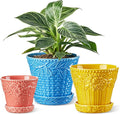 Metahom Ceramic Plant Pots, 3.8+4.9+5.8 Inch, Set of 3 Flower Pots with Drainage Hole & Saucer, Embossed Planter Pots for House Plants, Home Decor, Set of 4, Assorted Colors