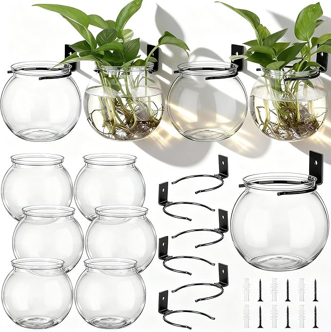Baderke 6 Sets of Plastic Wall Planters for Indoor Plants Plant Propagation Station Hanging Planter Propagation Vases with Flower Pot Holder Ring for Artificial Wall Plants Indoor Outdoor Decor
