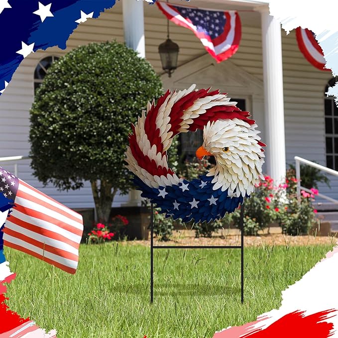 Amyhill 4th of July Decorations Patriotic Eagle Metal Garden Stake, 250th Anniversary Red White Blue Yard Sign, Independence Day Memorial Day Outdoor Decor for Lawn, Patio, Walkway, and Outside