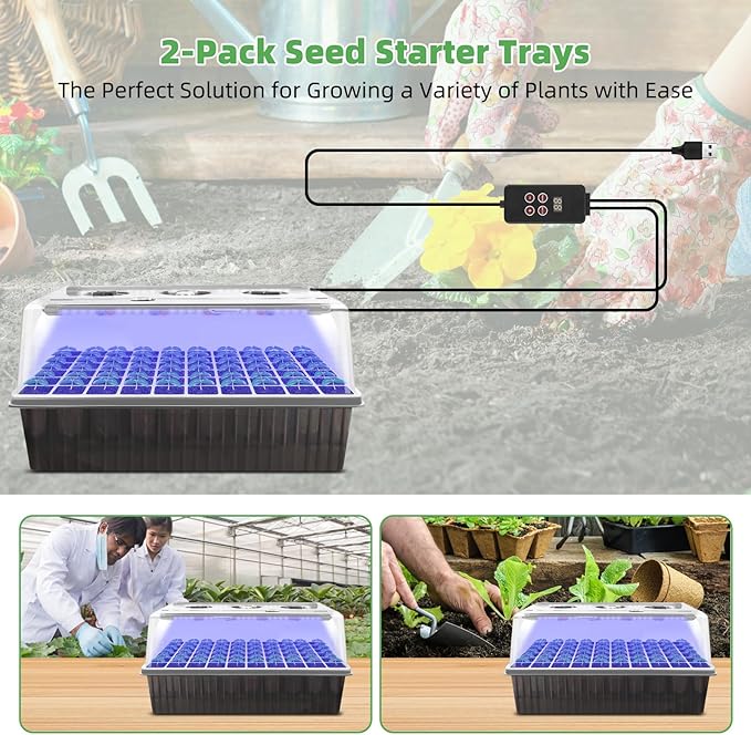 Indoor Seed Starting Kit with 60-Cell Self-Watering Tray, LED Grow Light, Timer, Humidity Dome, pH Meter for Plant Germination, Vegetables, Herbs, Flowers