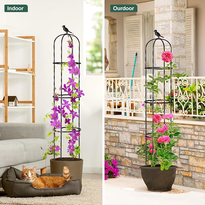 FOLLOOK Garden Trellis Obelisk for Climbing Plants, Lightweight Metal Plant Support for Roses Clematis Vines, Rustproof Decorative Trellis for Outdoor Garden Patio Planter, Black, 2 Pack