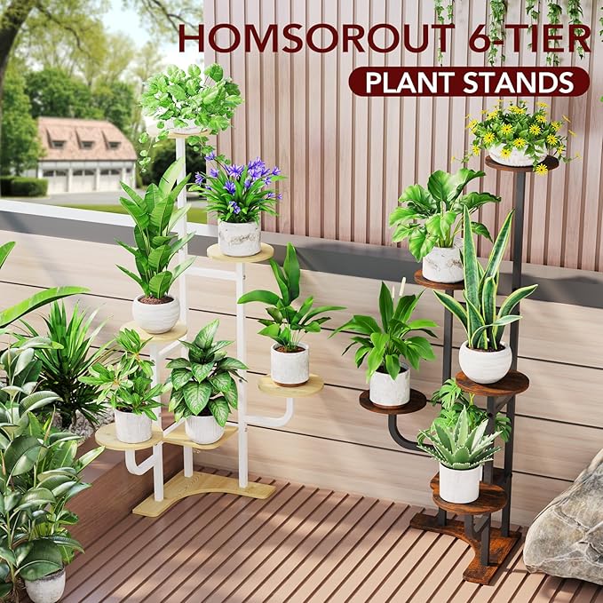 Homsorout Corner Plant Stand with Grow Light - 6 Tier Plant Stand Indoor Round Metal Plant Shelf with Adjustable Light, Plant Organizer for Living Room, Graden, Home Decor (Brown)