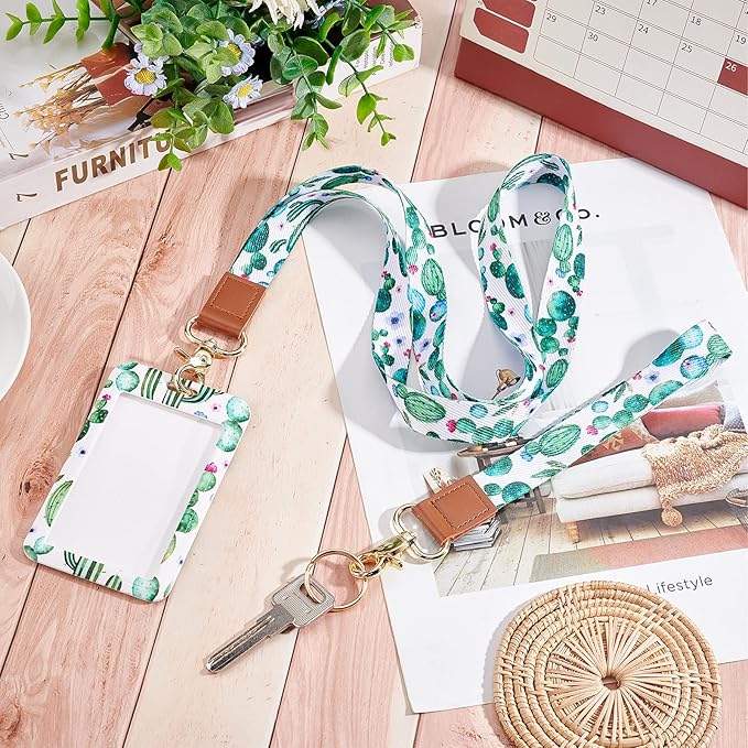 SUNNYCLUE 1 Box ID Badge Holder with Lanyard Vertical Badge Holders Breakaway Rectangle Lanyards for ID Badges Green Cactus Hard Plastic Case 2 Styles Straps with 360 Lobster Clasp Office Name Tags