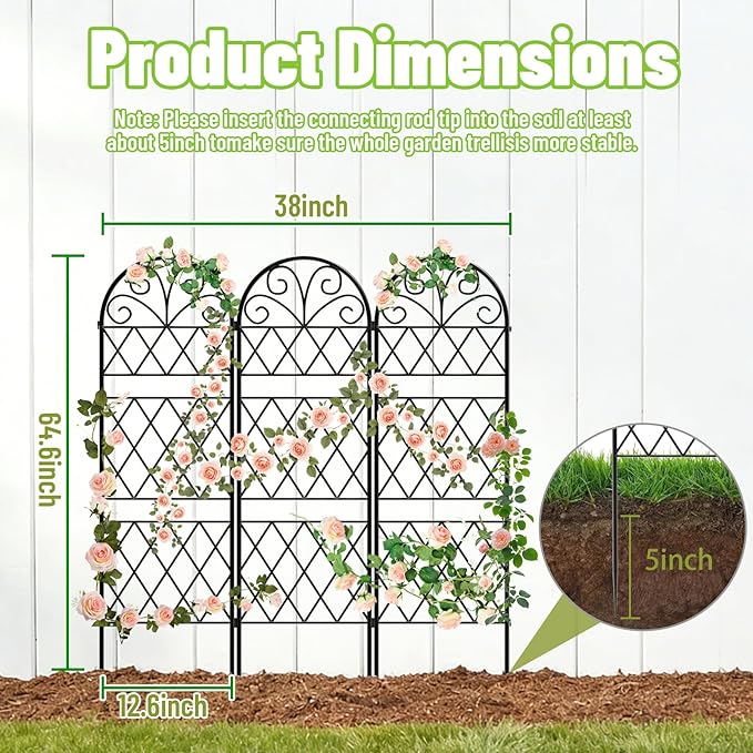 Garden Trellis for Climbing Plants, 3 Pack 38" Wx 64.6" H Rustproof Flower Trellis with Black Coating, Outdoor Climbing Rose Trellis Cucumbers Support for Courtyards Lawns (Diamond-Shaped Grid)