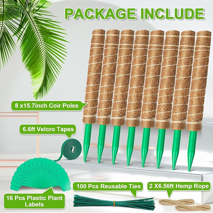 EAONE Moss Pole 128 Inch, 8 Pack 16" Monstera Plant Support for Climbing Potted Live Plants Indoor, Stackable Coco Coir Moss Sticks Monstera Stakes for Pothos Philodendron, with Garden Labels & Ties