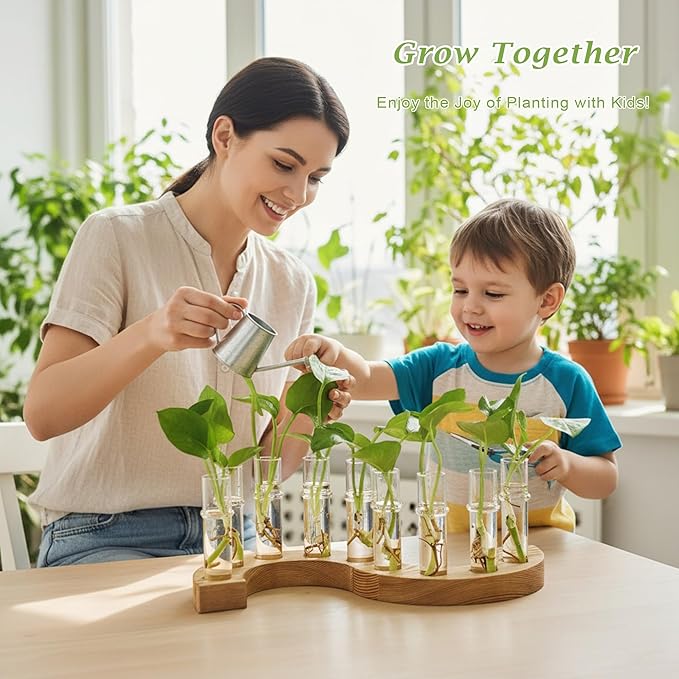 2 PCS Plant Propagation Station with Wooden Stand, Glass Terrarium Vases for Plants, Birthday Gifts for Women Mom Plants Lovers, Home Office Garden Decor, 10 Tubes