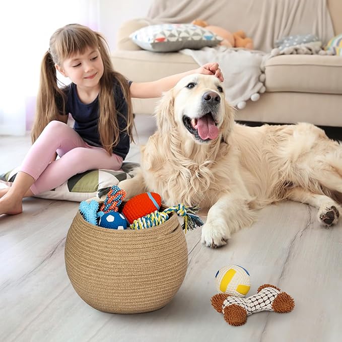 MEGASKET Decorative Wicker Storage Basket, 11" x 9" Indoor Plant Basket for Home Decor, Round Woven Dog Cat Toy Bin with Handle, Bathroom Towel Storage, Jute Planter Holder, Shelf Closet Organizer