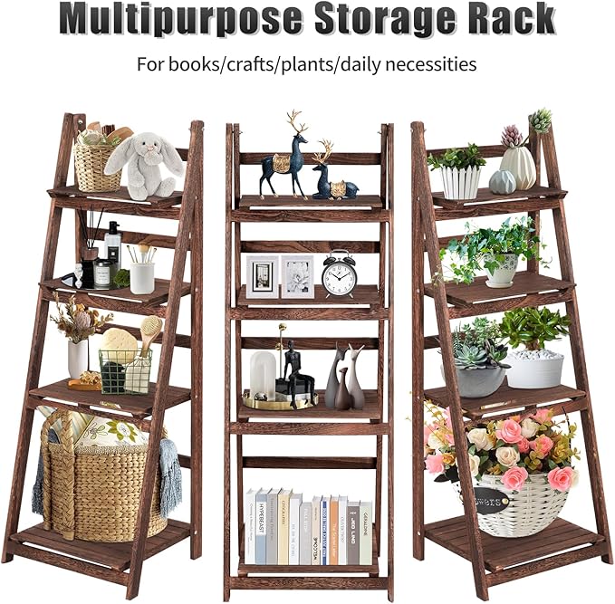 Funkeen 4 Tier Wooden Ladder Shelf, Decorative Freestanding Leaning Display Bookshelf, Folding Indoor & Outdoor Plant Stand Rustic Storage Rack Shelves for Living Room, Bathroom, Balcony, Kitchen