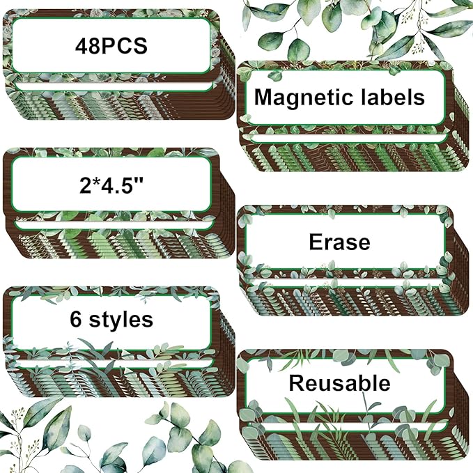 Kanayu 48 Pcs Eucalyptus Magnetic Dry Erase Labels Reusable Name Tag Plate Flexible Magnetic Label Sticker Blank Writable Card for Whiteboard Classroom Home Office Fridge(Stylish,1.97 x 4.53 Inch)