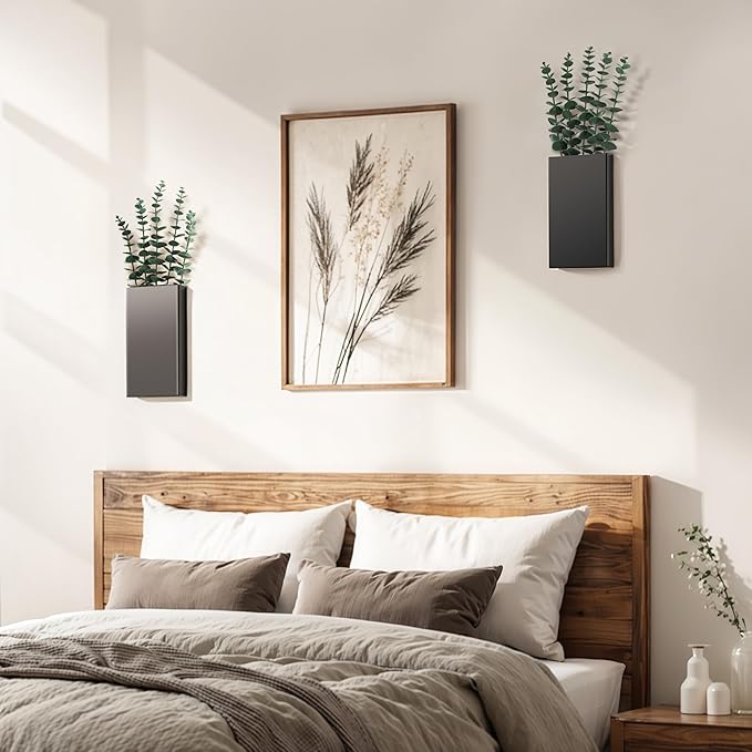2 Pack Metal Wall Planter Vases Decor with Artificial Eucalyptus, Modern Farmhouse Rustic Hanging Pocket Planters for Indoor Greenery and Flowers, Living Room Bedroom Kitchen Decoration, Black