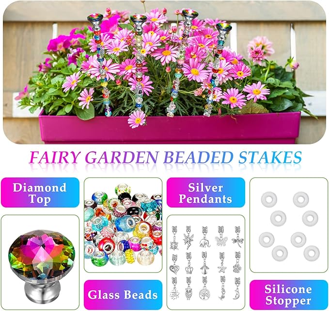 MTLEE 101 Pcs DIY Fairy Mini Wand Garden Beaded Stakes Kit Decorative Beaded Garden Stakes with Diamond Stopper Top Multiple Color Round Glass Bead with Pendant Silver Bead for Outdoor Decoration