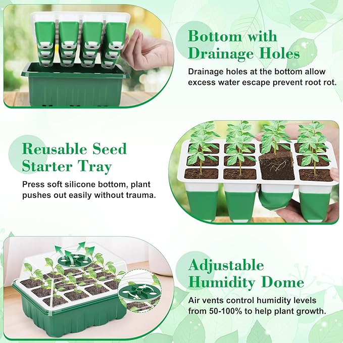 Reusable Silicone Seed Starter Tray, 60 Cells Seed Starter Kit with Humidity Adjustable Dome and Lid, Plant Germination Trays with Repotting Mat 5 Packs Germination Kit for Seeds Grow Starting
