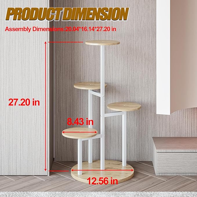 INGIORDAR Plant Stand Indoor Outdoor Corner Plant Shelf for Multiple Flower Pots Flower Stand Holder for Patio Garden Balcony Living Room (White+Sonoma Oak, 5 Tier)
