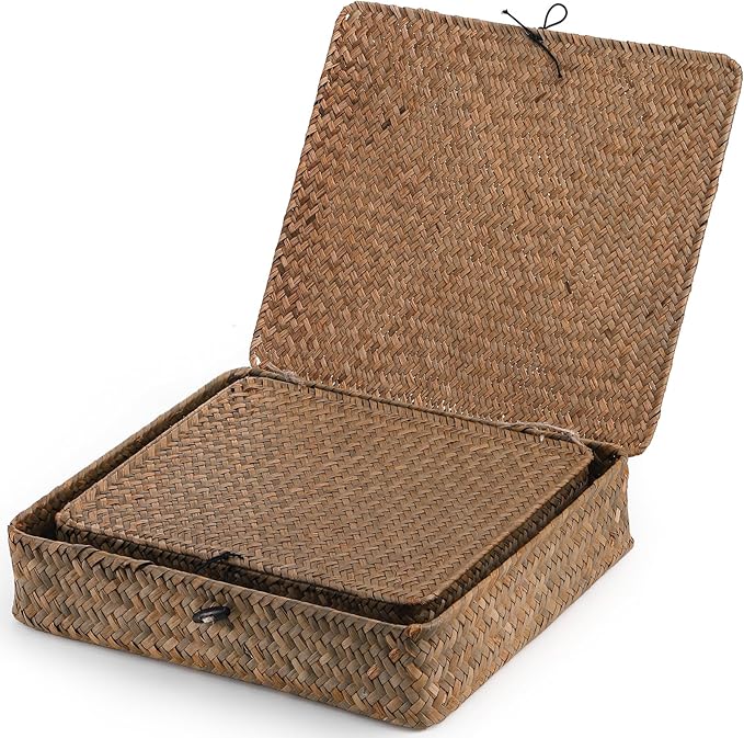 Elsjoy 2 Pack Flat Seagrass Storage Bins with Lid, Wicker Woven Storage Basket Set, Rattan Organizer Bins for Shelf, Closet, Bedroom