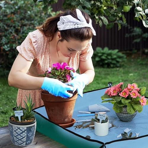20pcs Small Gardening Tools Gifts for Women Beginners - Garden Hand Tools Set for Indoor Succulent Bonsai Plants Transplanting, Included 39.4" Plant Repotting Mat/Miniature Shovel/Labels, Blue