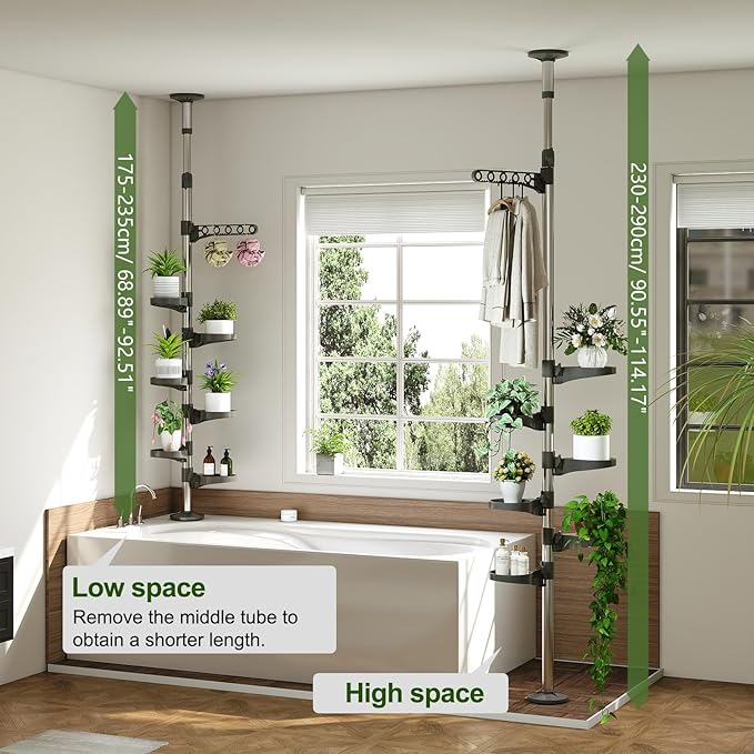 BAOYOUNI 7-Tier Indoor Plant Pole Spring Tension Rod Expandable Flower Pots Display Rack Stand Hanger Metal Corner Storage Shelf, Grey