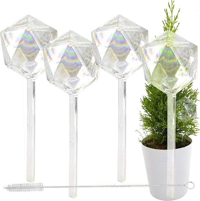 Aqua Glass Plant Watering Globes Automatic Self Watering Plant Insert Spike Orbs - Indoor Outdoor Plant Drip Irrigation - For Flowers, Herbs, Houseplants (Iridescent Diamond Globes, 4, Units)