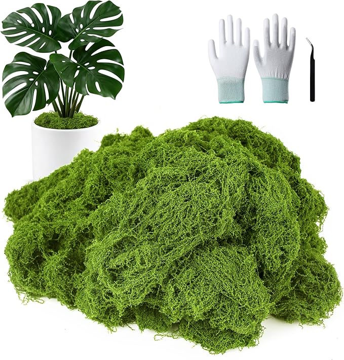 MGLIFEUL 12OZ Artificial Fake Moss for Crafts Plants Indoor with Non-Stick Gloves and Tweezers，Preserved Green Plant Faux Craft Moss Musgo for Fairy Garden Indoor Outdoor Home Decorating Model Making