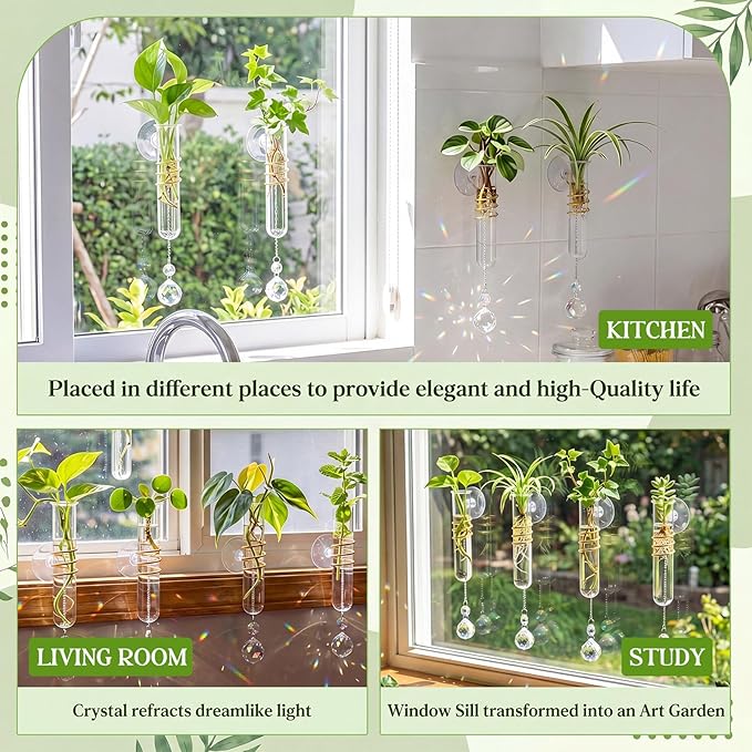 Zhehao 4 Set Window Hanging Propagation Stations 5.9'' Plastic Propagation Vases with Suction Cup & Crystal Pendants, Propagated Plant Holder Wall Jars for Home Office Garden Decoration Lover Gift