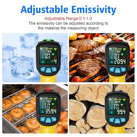 Infrared Thermometer Gun -58°F to 1472°F, Digital Temperature Gun/K-Type Probe -14°F~932°F, Humidity Sensor, IR Laser Temp Gun with Color LCD for Cooking Pizza Oven BBQ HVAC Home-Industrial