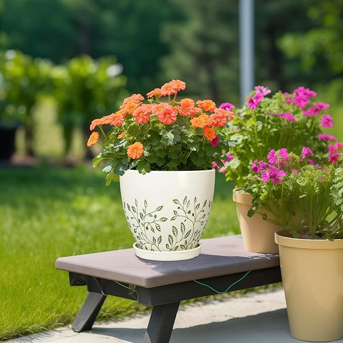 MPotTo Ceramic Planter for Indoor Plants - 8.2 Inch Plant Pot with Drainage Hole and Saucer, Boho Round Planter for Indoor Outdoor Flowers, Plant Lover Gifts, Home Garden House Decor, White