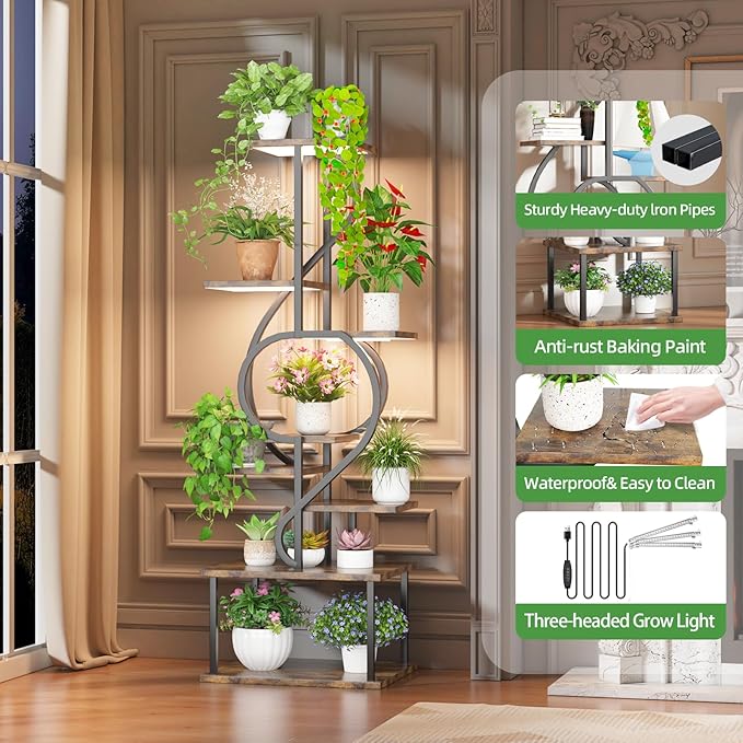 YAKANJ Plant Stand Indoor with Grow Light,8 Tiered Indoor Plant Stand,58" Tall Plant Flower Shelf,Creative Note Shaped Plant Holder for Home,Patio,Brown