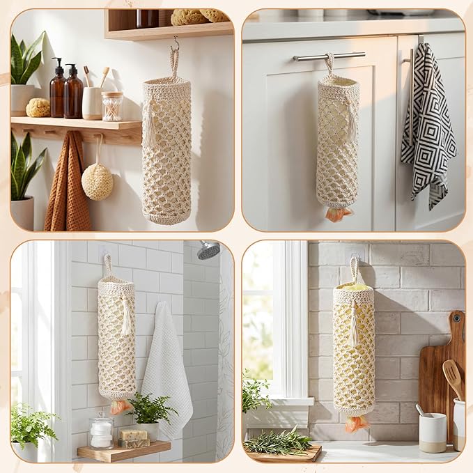 Plastic Bag Holder, Macrame Grocery Bag Storage Reusable Hanging Shopping Trash Bags Dispenser Boho Decor for Kitchen Closet Pantry Laundry Room, with 1 Traceless Hook