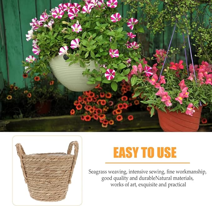 Alipis Seagrass Basket Planters Flower Pots with Plastic Liner, Plant Containers Storage Holder Wicker Rattan Vase with Handle