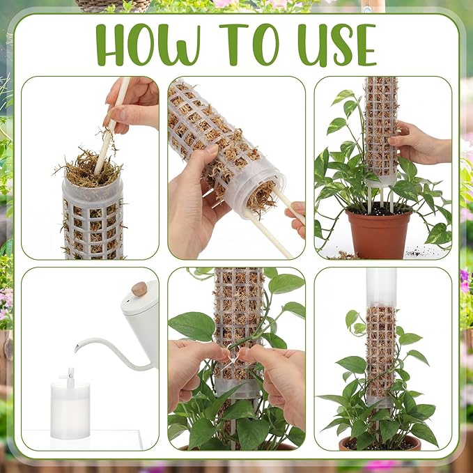 4 Pack Self-Watering Plastic Moss Stake for Monstera Plant Support Multi-Size Stackable and Refillable Plastic Moss Stakes for Climbing Plants with Large Mesh Design