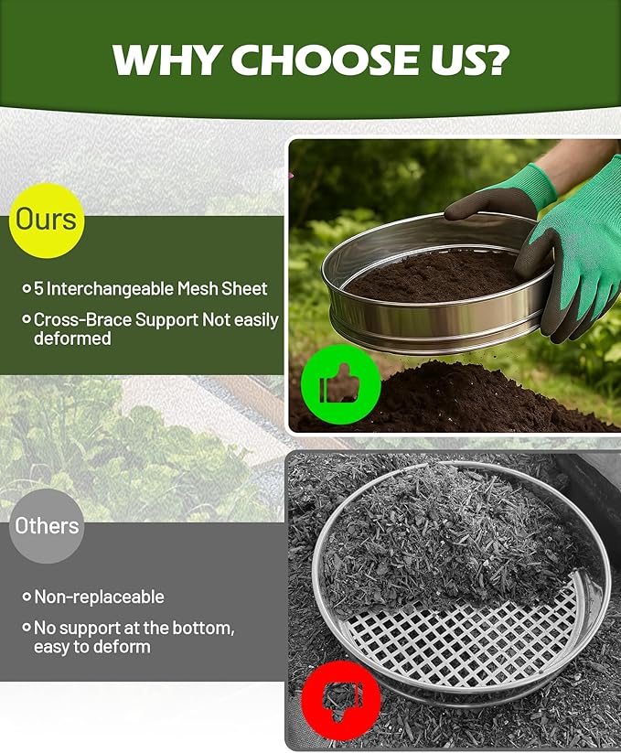 5-in-1 Soil Sifter Set with 5 Replaceable Stainless Steel Mesh Screen & Shovel (1/8" to 1/2"), Soil Sifter for Soils, Compost, Bonsai, Cat Litter and More（11-5/8" Diameter）
