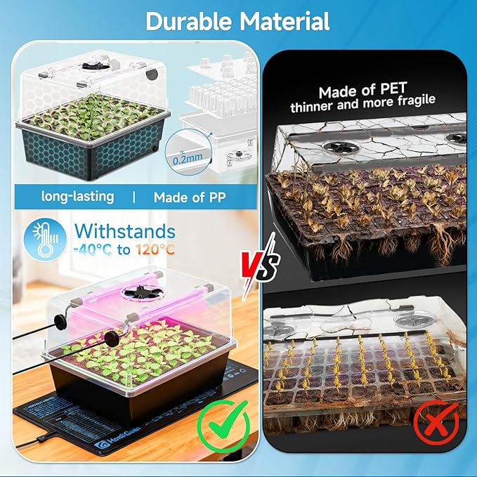 Hon&Guan 1 Pack Seed Starting Kit - 30 Cell Seed Starter Tray with Higher 5.3” Humidity Dome, LED Growing Lights and 10"x20.75" Seedling Heat Mat, Adjustable Vents - Germination & Plant Propagation