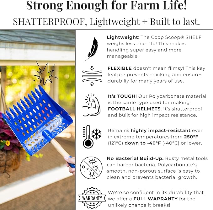 The Coop Scoop® Shelf 2-in-1 Chicken Poop Scooper & Rake – Made in The USA, Durable Sand Sifting Litter Shovel for Chicken Coops & Small Farm Animals (Shelf 10" Handle)